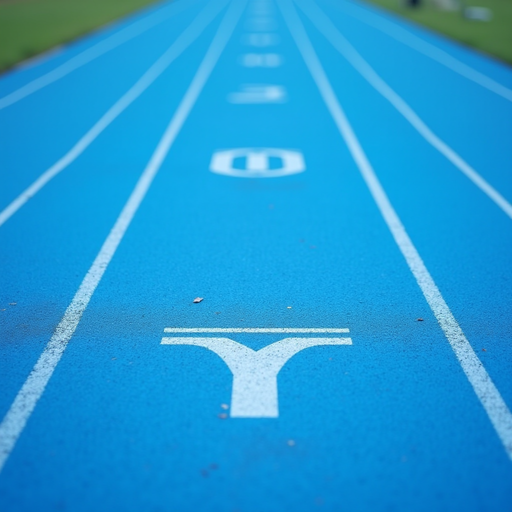 A vibrant blue running track stretching into the distance, marked with lanes and numbers.