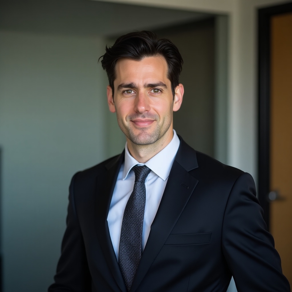 A well-dressed man stands confidently in a formal suit and tie. He is against a blurred office background, which adds a professional ambiance. His expression is neutral, conveying seriousness and focus, indicating he may be contemplating an important matter. The man has dark, neatly styled hair, and his attire is polished, with a dark suit jacket, light dress shirt, and a patterned tie. The soft, muted colors of the background help maintain the emphasis on him, while evenly distributed lighting enhances his professional appearance.