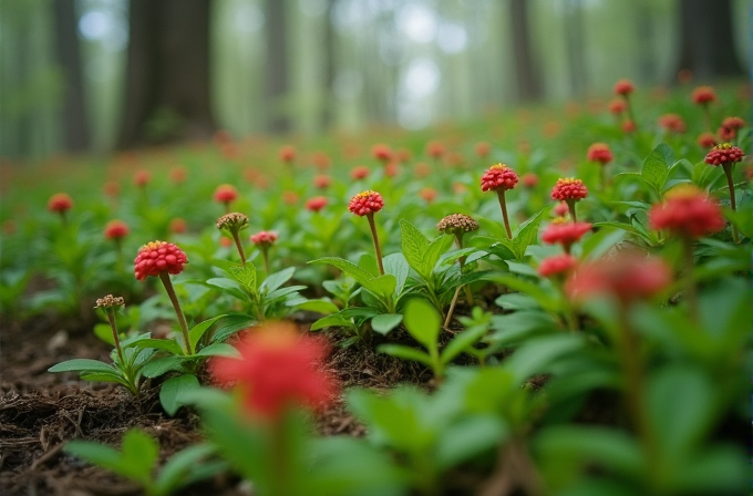 A forest floor is densely covered with vibrant red flowers surrounded by green leaves, with tall trees blurred in the background, creating a serene and colorful nature scene.