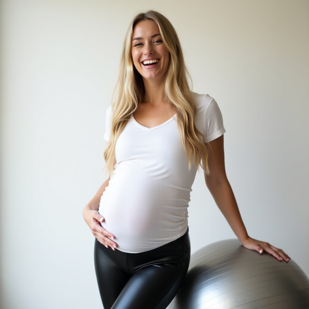 A pretty young pregnant woman is standing beside a silver yoga ball. She has long blond hair and is wearing a tight-fitting white shirt and black leather leggings. Her expression is joyful as she smiles broadly. The background is minimalistic and softly lit, emphasizing her confident posture and happiness. This image captures the essence of wellness and positivity during pregnancy.