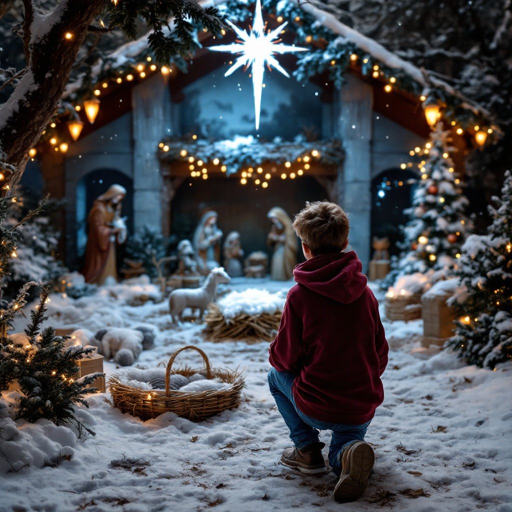 A teenage boy in a maroon hoodie kneels before a Christmas manger scene surrounded by snow and twinkling lights. The scene features the Holy Family and a shining star above.