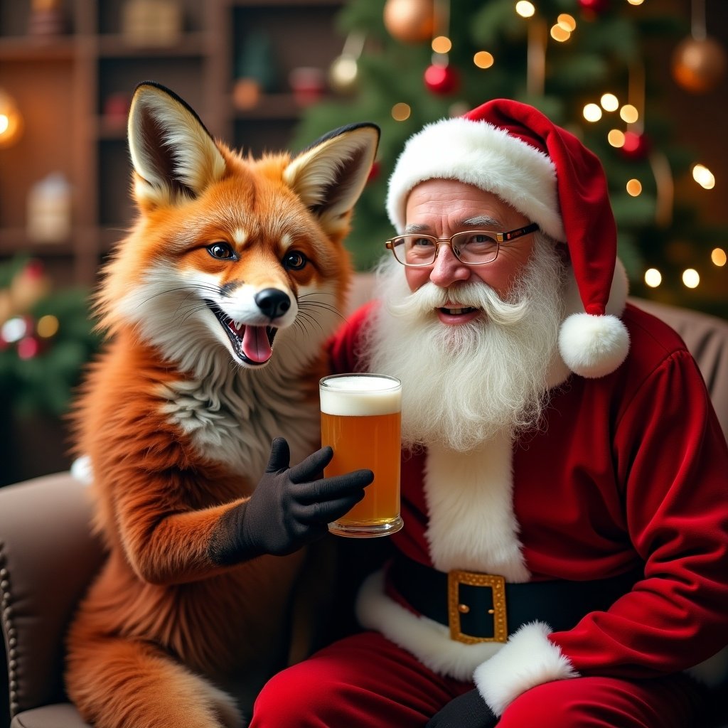 Foxy female enjoying drinks with Santa Claus in a festive setting. Cozy atmosphere with Christmas decorations. Warm interaction. Holiday spirit evident.