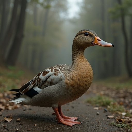 A duck stands on a dirt path within a foggy forest setting. The background features misty trees creating a serene atmosphere. The duck's feathers display intricate patterns and colors.