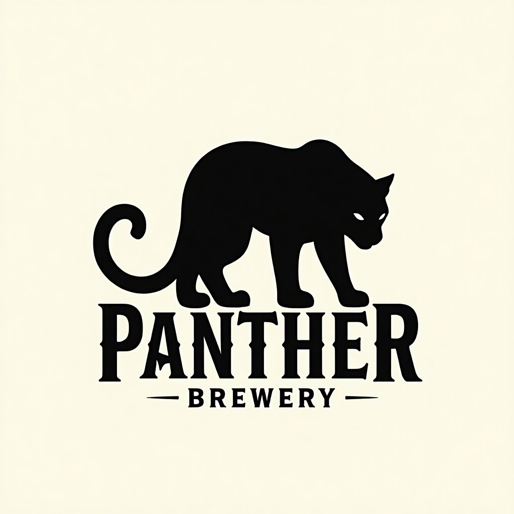 Minimalistic vector logo featuring a black panther silhouette. The letters are styled in rococo art. The words 'PANTHER BREWERY' use a modern, funky typeface.