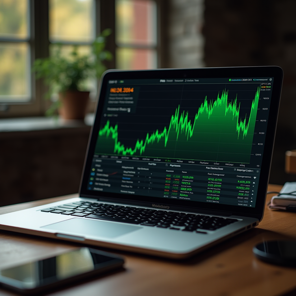 The image shows a laptop displaying a financial stock trading application on its screen. Prominently featured is a dynamic green line graph indicating a significant upward trend, suggesting a rise in stock prices or market value over time. Beneath the graph, there is tabulated data with various stock-related figures and values, some shown in green to signify positive changes. The laptop is placed on a wooden desk alongside a smartphone, a wireless charging pad, and a potted plant, creating a serene and professional workspace. Natural light filters through a window in the background, adding a soft ambiance to the scene.