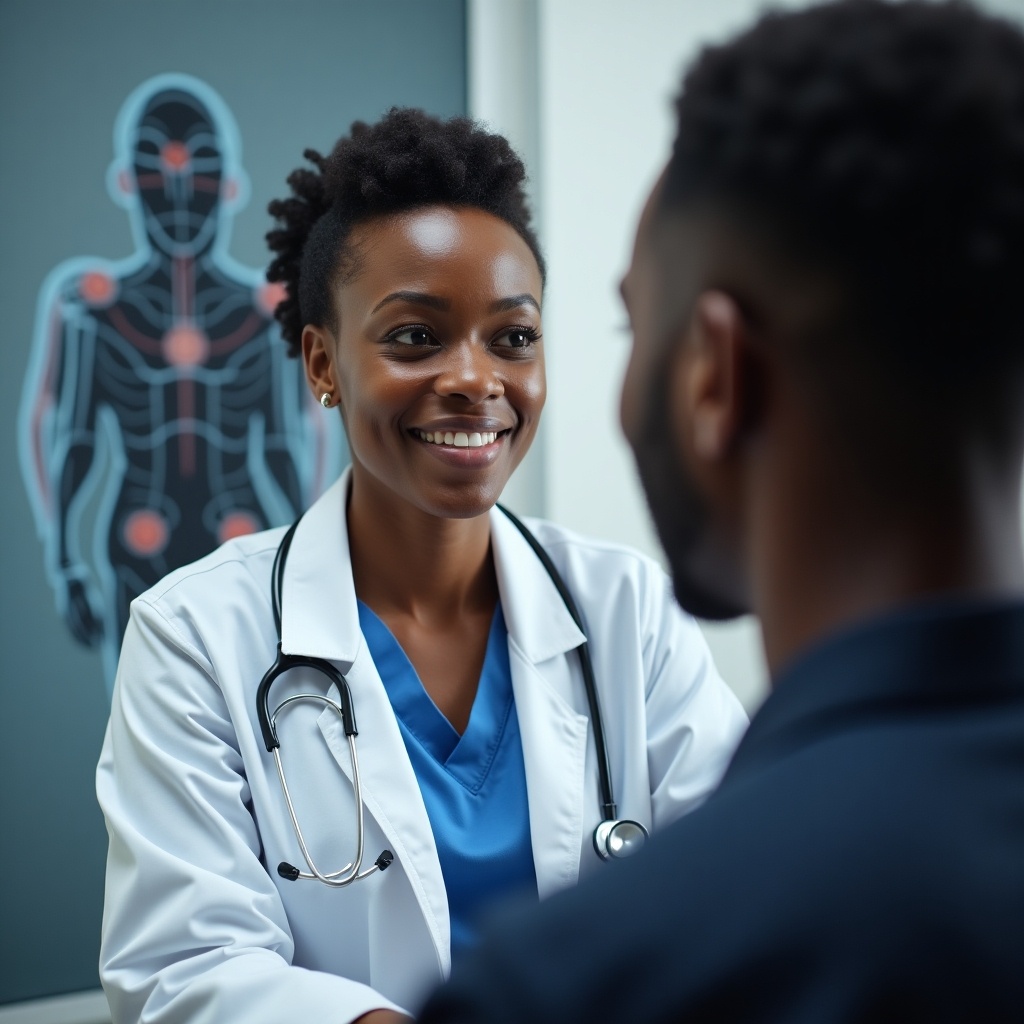 In a calm and modern exam room, a black female doctor wearing a white coat and a stethoscope looks attentively at her patient. The doctor has a warm smile, indicating a positive and supportive interaction. The background features a shadowy figure symbolizing artificial intelligence, enhancing the theme of modern healthcare. This scene captures the essence of compassion in medicine and the integration of technology in patient care. The doctor is engaged, demonstrating the importance of communication in healthcare.