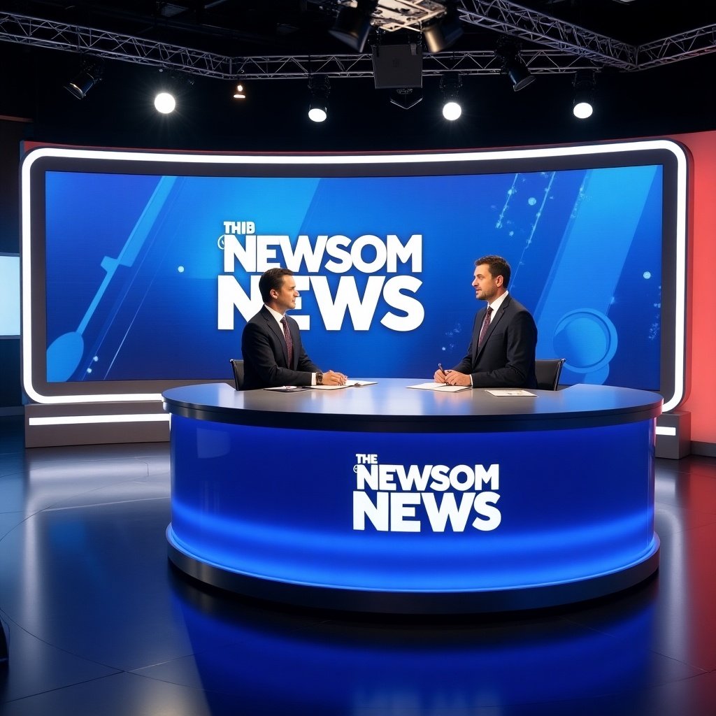 Modern news desk setup with headline Newsom On News displayed on a large background screen. Two presenters engaged in discussion at the desk.