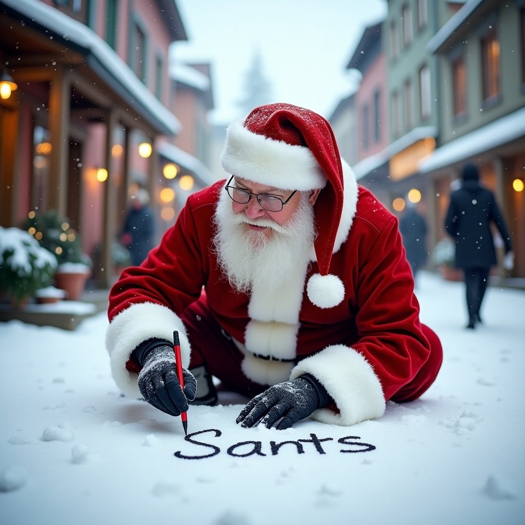 Santa Claus writes names in the snow. He wears red and white clothing. The street is snowy with charming buildings. The scene has soft winter light. It conveys a cheerful holiday atmosphere.