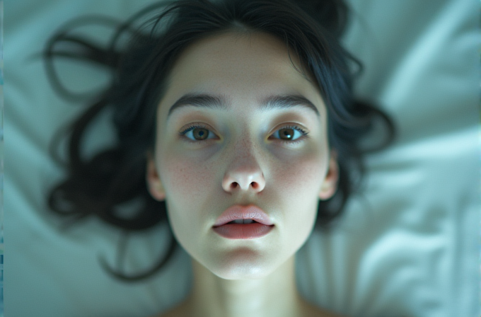 A close-up of a woman lying down with a calm and serene expression.