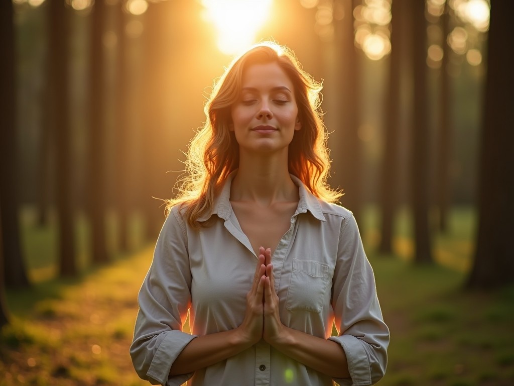 A woman stands peacefully in a forest, practicing mindfulness. She has her hands in a prayer position, embodying tranquility. The soft, golden light of sunset filters through the trees. Her expression shows calm and contentment. The scene evokes a sense of connection with nature. This image captures the essence of inner peace and wellness.