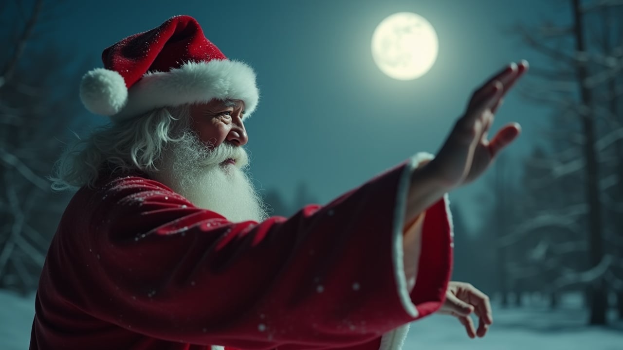 Cinematic image features Santa Claus performing Tai Chi Chuan movements gracefully. Bright moon illuminates the scene. Captured during the magic hour with a hyper-realistic style. Shot on Arriflex.