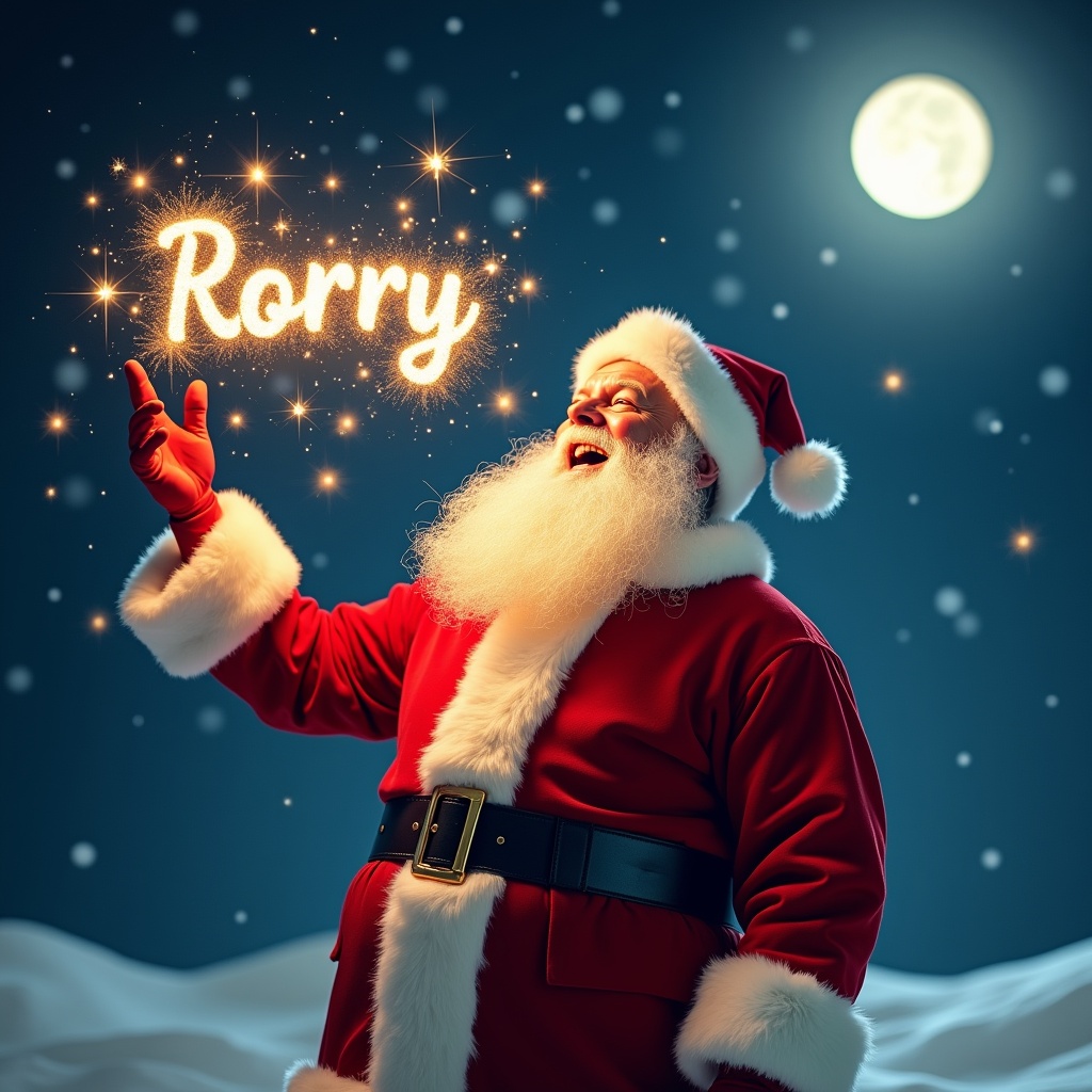 The image features a joyful Santa Claus in his classic red suit and fluffy white trim. He is standing against a magical night sky, with twinkling lights resembling stars in the background. In an enchanting display, he is writing the name 'Rorry' in the air with sparkles. The scene is illuminated by a bright moon, adding to the festive ambiance. This artistic portrayal captures the spirit of Christmas and the joy of giving.