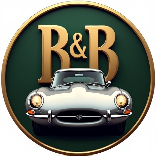 Design a modern luxurious logo. Incorporate B&B Automobiles name. Feature a silver Jaguar E-Type vehicle. Position mirrored B letters across the design. Use a dark green to gold gradient background. Highlight the sporty dynamic look of the car. Ensure the car's headlights are illuminated.