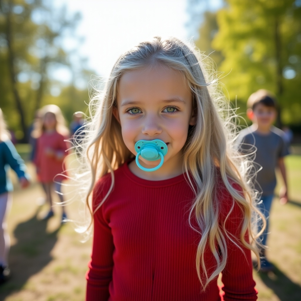 Ten year old girl with long silvery blue hair and emerald green eyes wearing a red long sleeve ribbed top at a park with friends. Pacifier in mouth.