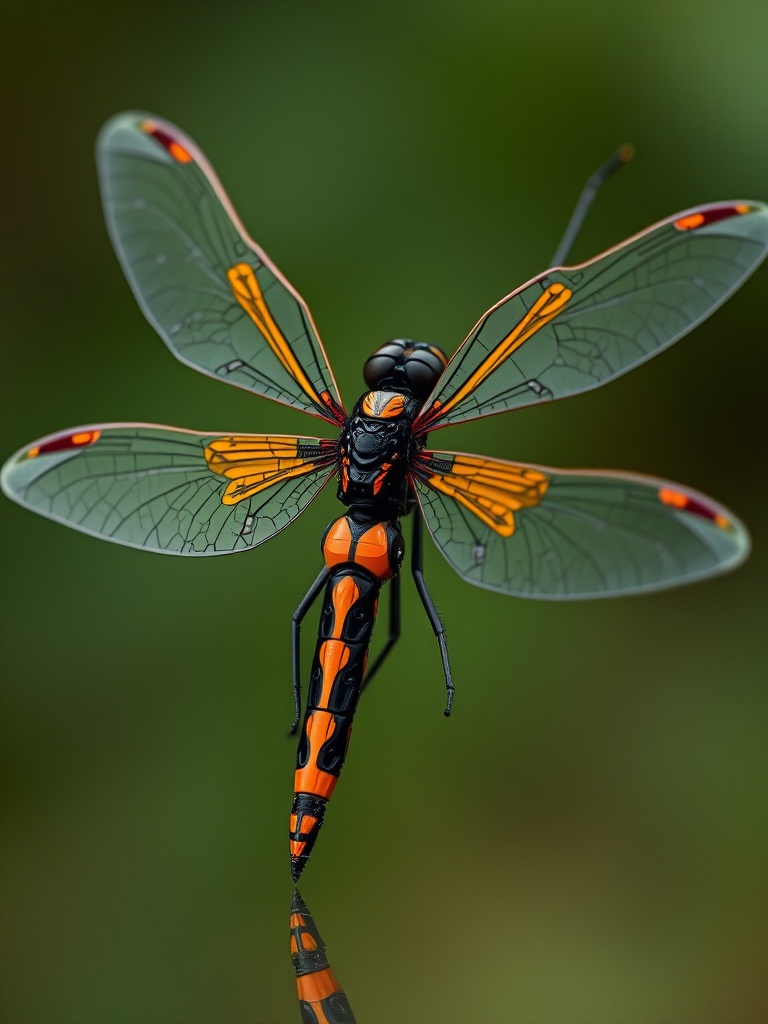 This stunning image features a digital rendition of a dragonfly with vibrant orange and black patterns on its body. The wings are detailed with intricate line work and faint red spots, adding to its exotic appearance. The background is a soft, out-of-focus green, highlighting the dragonfly's vivid colors and intricate details.