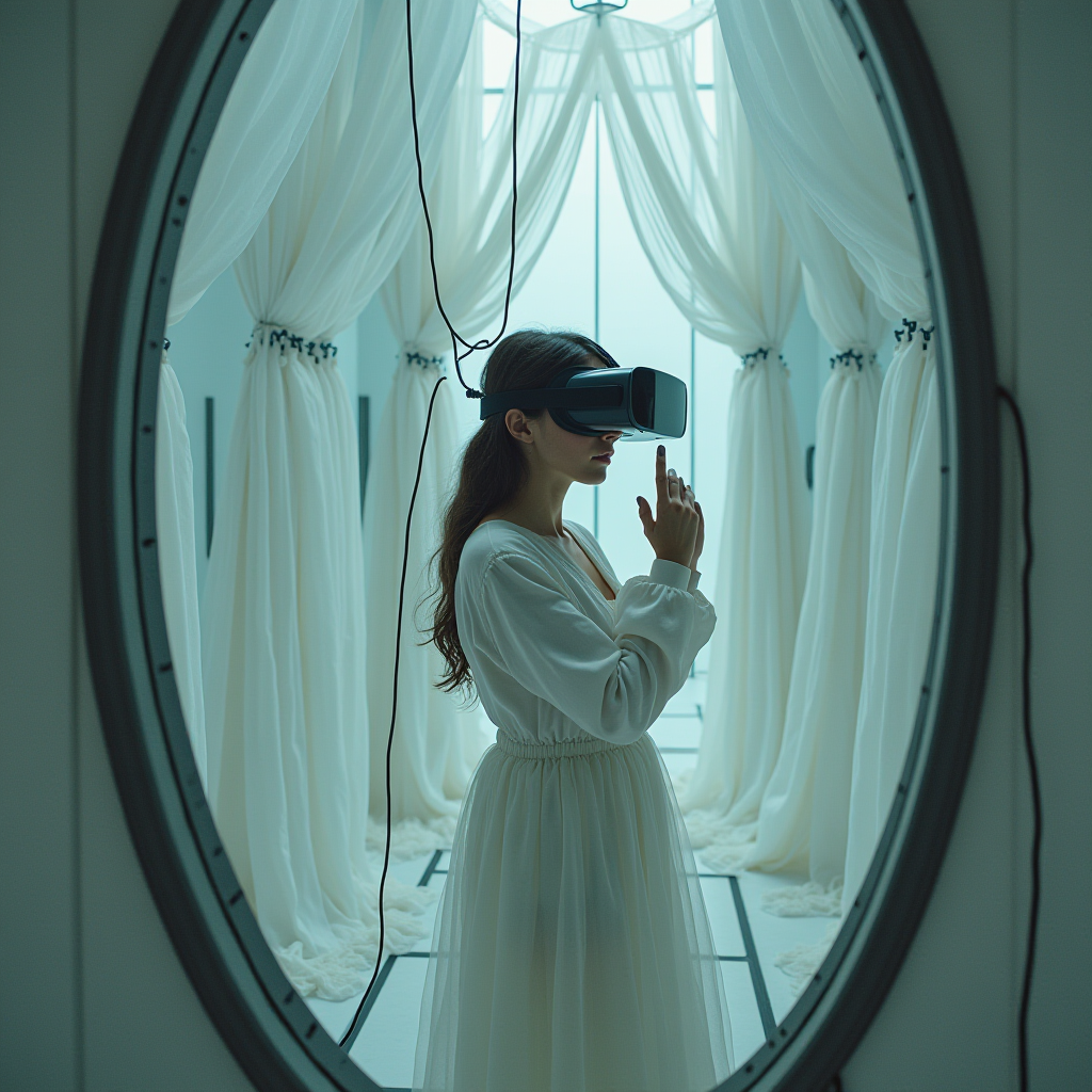 A woman wearing a VR headset stands in a tranquil, draped room.