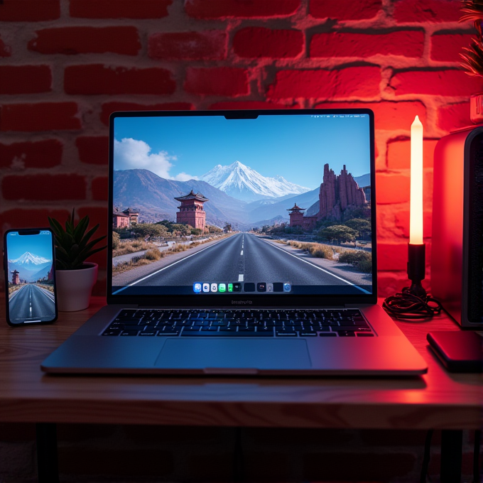 A laptop and phone display the same scenic road with mountain and temple backdrop, surrounded by warm ambient lighting.