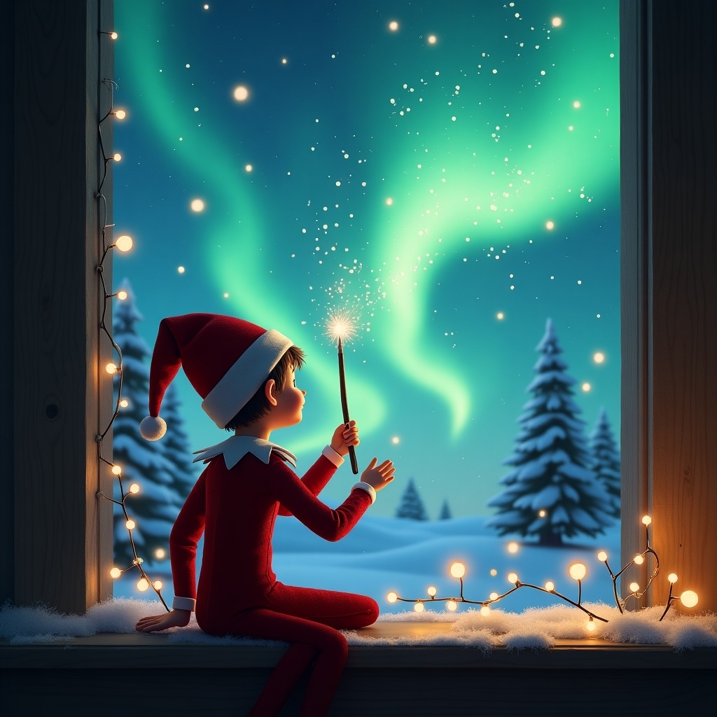 An elf on the shelf is positioned at the window. The elf is facing the sky with a wand. The sky is filled with northern lights. Magical Christmas scenery surrounds the elf. The background features snow-covered trees. It's a delightful winter scene evoking a holiday spirit.