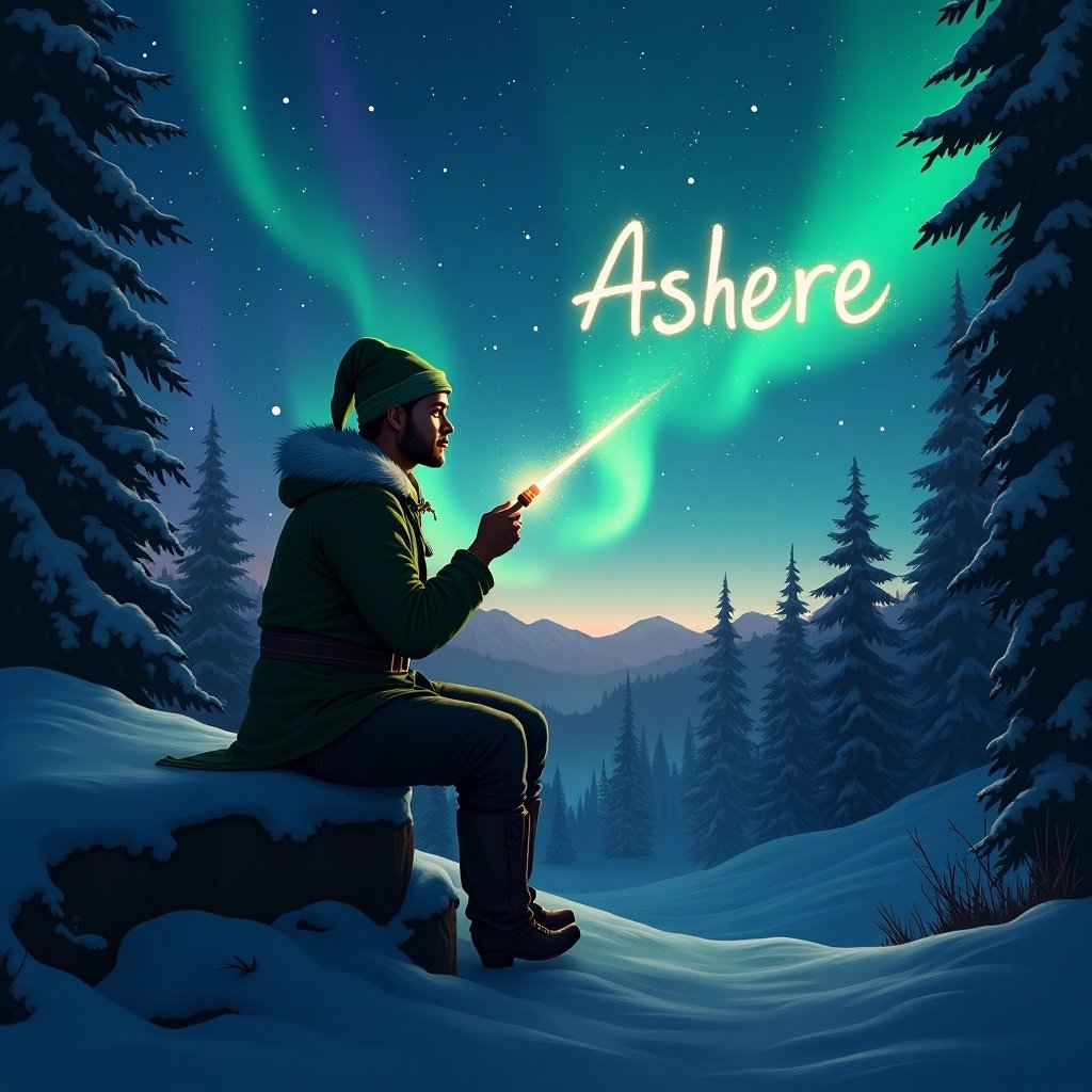 A medium brown-skinned male traditional elf is seated on a rock in a snowy forest at the North Pole. He is using a glowstick wand to write the name 'Asher' in the stars above. The night sky is illuminated with northern lights in shades of real, cerulean, and purple, creating a magical atmosphere. The elf is dressed in a green outfit, embodying the classic elf persona. In the background, tall pine trees add to the wintry scene, while the stars twinkle overhead, emphasizing the enchantment of the moment.