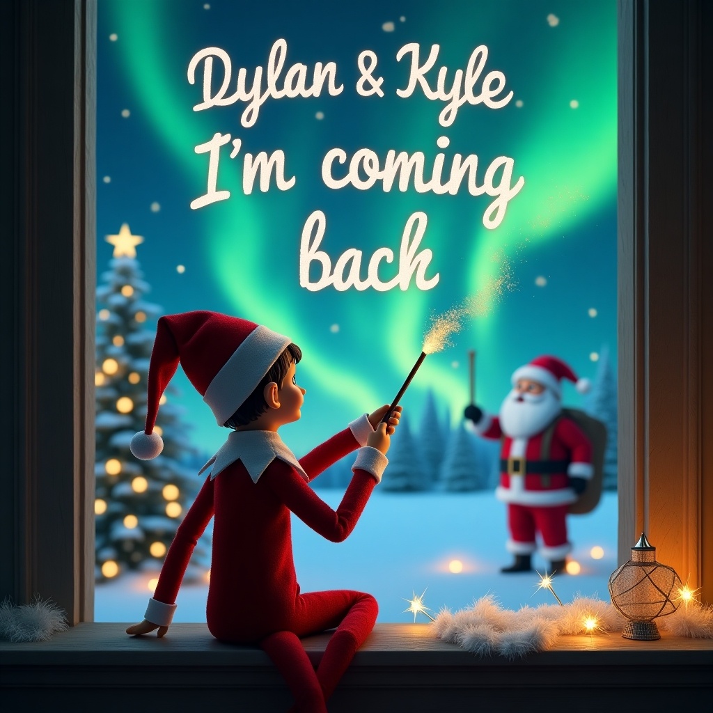 The image features an elf on the shelf with his back to the viewer, facing a mesmerizing sky. He uses a wand to write 'Dylan & Kyle I’m coming back' in the air. The backdrop showcases a magical Christmas scene filled with vibrant northern lights and Santa Claus in the distance. The setting is cozy, with a feeling of festive cheer and warmth. Snow decorates the ground, and Christmas trees add to the holiday ambiance. It's a whimsical and heartwarming depiction of the magic of Christmas for children.