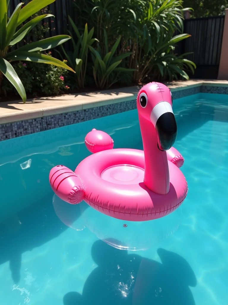 A pink flamingo-shaped pool float drifting in clear blue water. Surrounding tiled pool edges and lush plants create a vibrant scene.