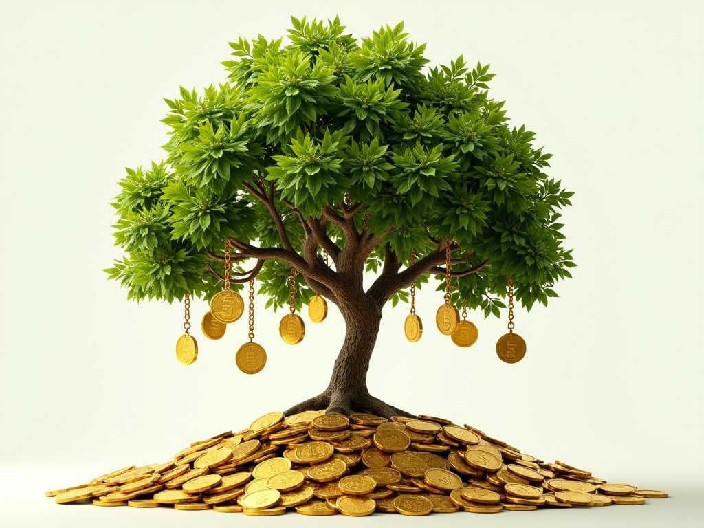 High detail stock photography of a lush green tree. Tree has shiny golden coins hanging from its branches. Coins reflect light, shown in detail. Tree is rooted in a pile of coins. Background is simple and unobtrusive. Creative representation of wealth and financial growth.