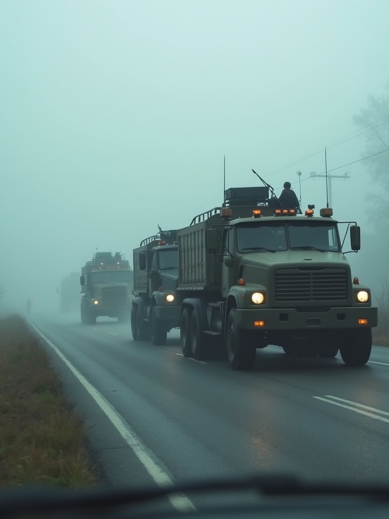 Military convoy travels down a road in foggy weather. Multiple trucks appear in a line. The scene is dim and lacks clear visibility. Atmospheric conditions create a sense of mystery.