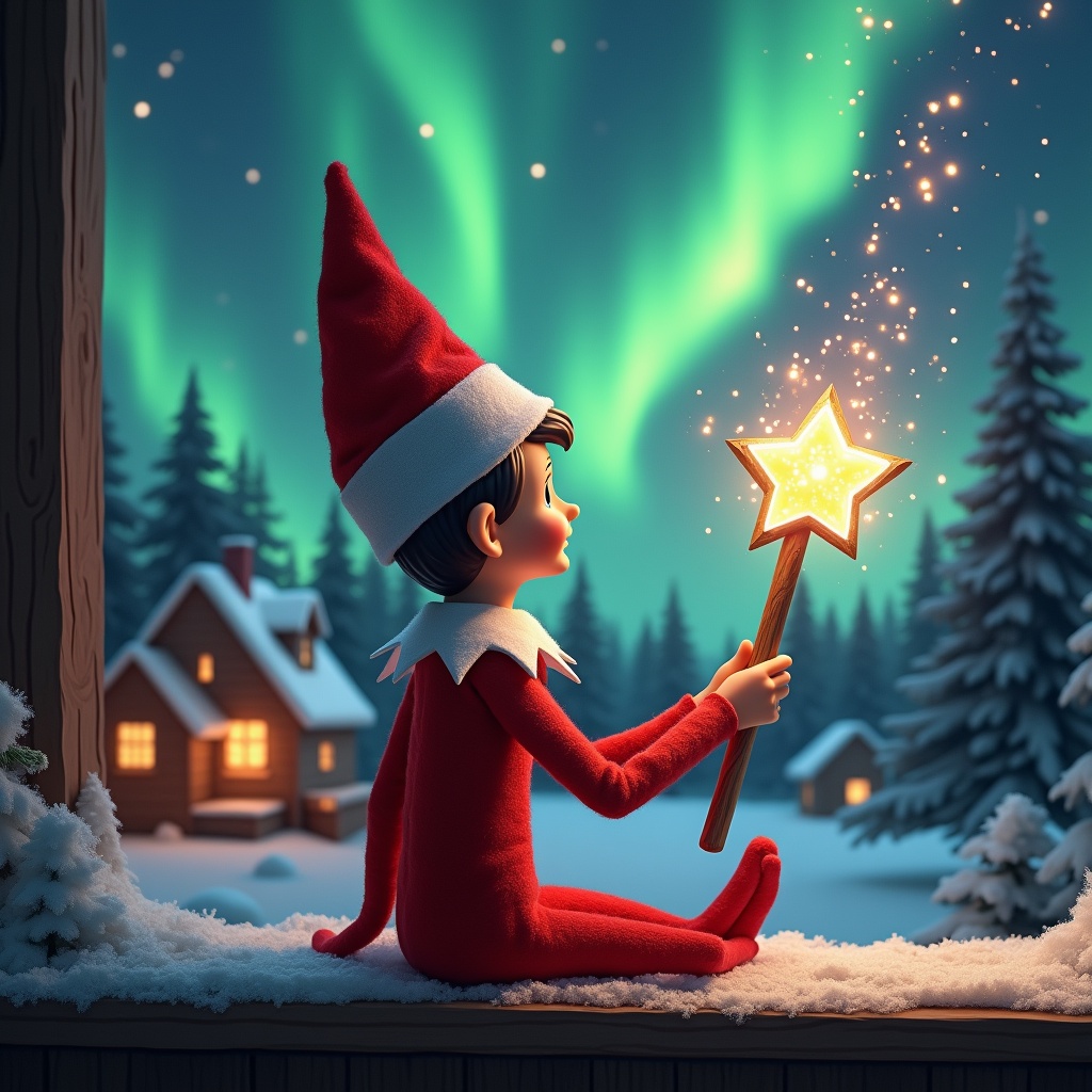 An elf sits with its back to the viewer gazing upwards. The elf holds a glowing wand. Colorful northern lights illuminate the sky. A cozy house is visible in the distance. The ground is covered in snow. The elf represents the magic and wonder of Christmas. The names 'Josh, Enzo & Laila' float from the wand.