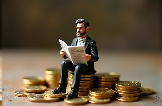 A miniature man in a suit reads a newspaper while sitting on stacks of gold coins.