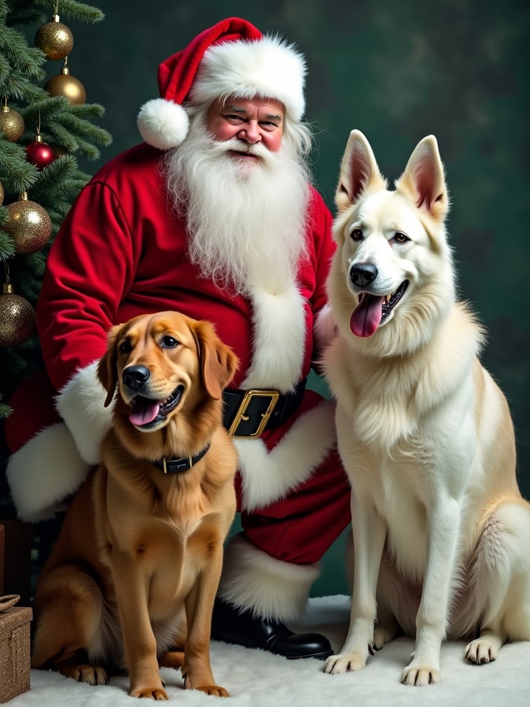 Santa Claus in a classic red suit sits with a golden retriever and a white German shepherd. Festive holiday background with decorations. Warm and cheerful atmosphere.