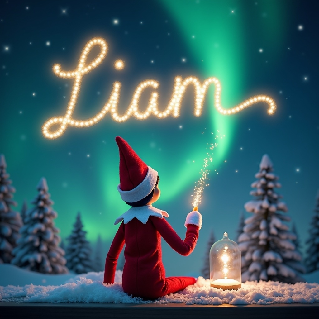 An enchanting Christmas scene featuring an Elf on the Shelf sitting in the snow. The elf is facing the sky, holding a magic wand that emits sparkles. In the sky, the name 'Liam' is brilliantly written using twinkling lights. Northern lights illuminate the background, adding a magical touch to the scene. Christmas trees surround the elf, and the atmosphere is filled with holiday cheer and wonder. This whimsical setup captures the joy and excitement of the festive season.