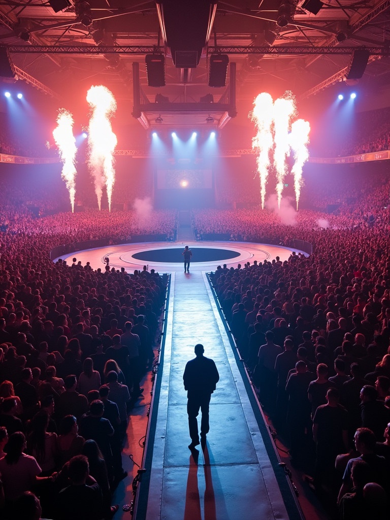 Travis Scott performs at a concert in Madison Square Garden. The view is from a drone above. Stage has a T-shaped runway. Fireworks erupting around the stage.