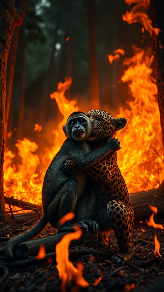 A monkey and a leopard embracing each other tightly in a burning forest, flames surrounding them, showing a moment of unity amidst chaos.