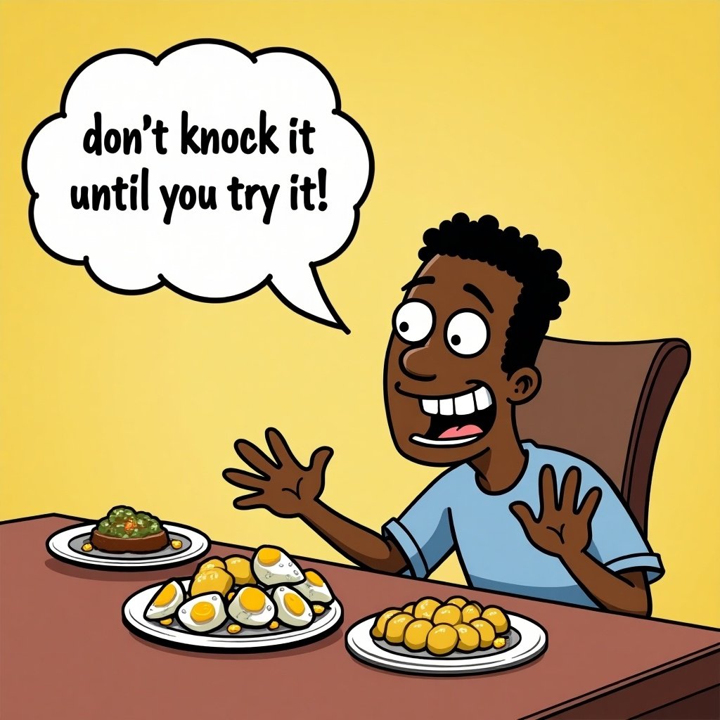 Character in a light blue shirt sits at a table excitedly gesturing towards plates of food. Speech bubble with the phrase 'don't knock it until you try it'. Plates include eggs and other unique dishes. Cheerful and inviting atmosphere.