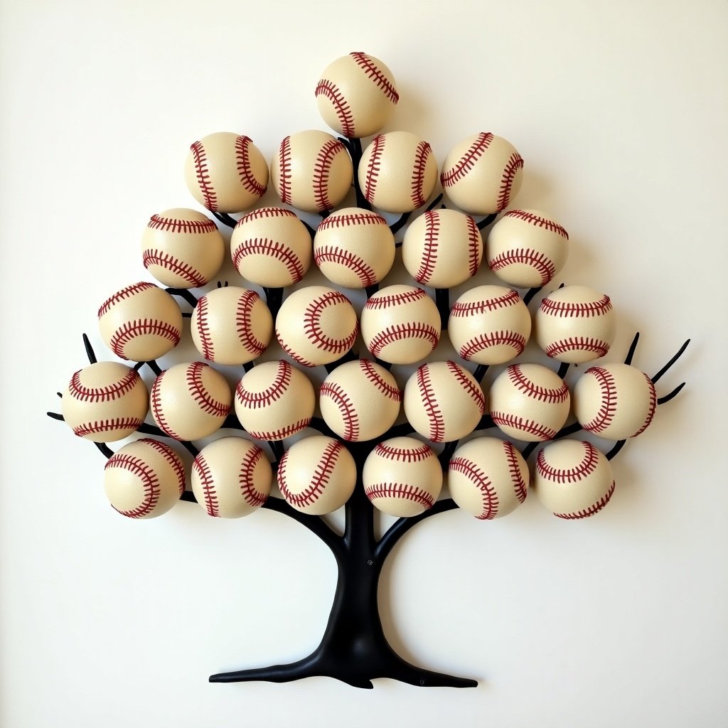 Image features baseballs arranged to resemble a family tree. Black tree design supports numerous baseballs positioned like leaves on branches. Bright background contrasts with the dark tree and tan baseballs. Artistic representation of sports themes.