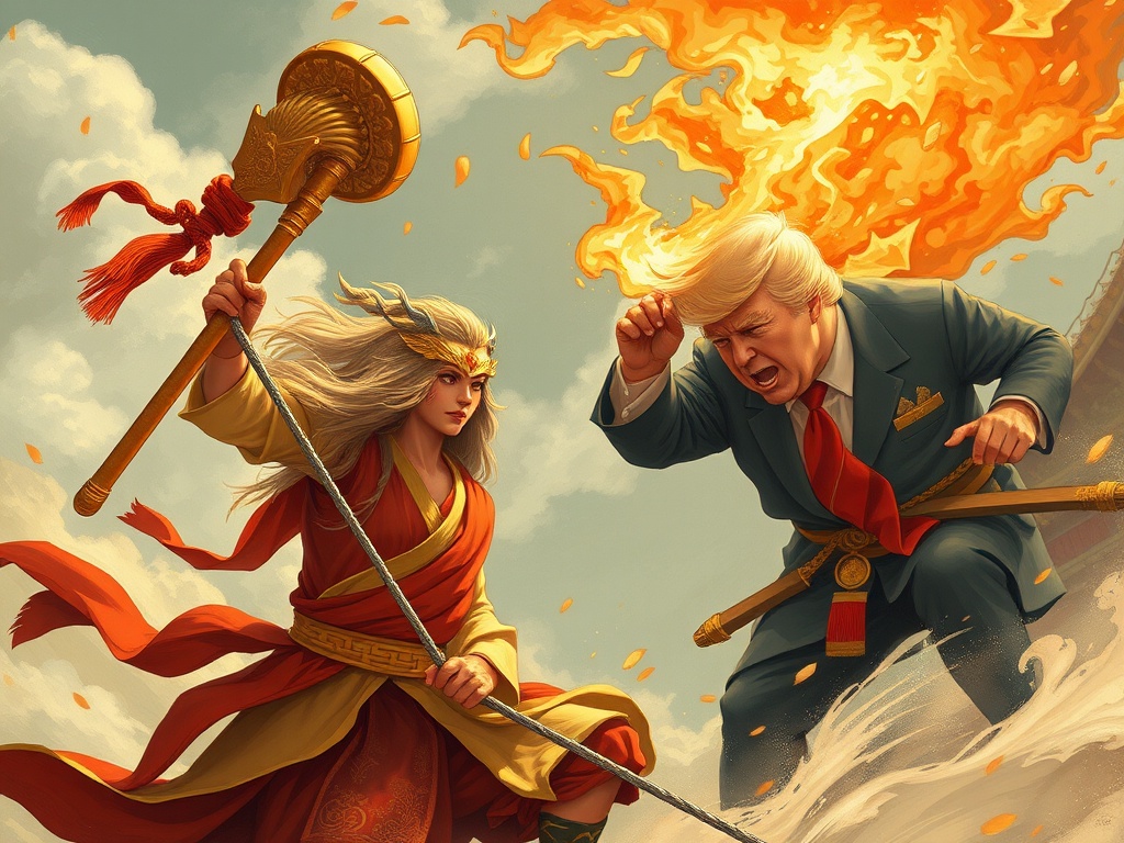 A dynamic fantasy artwork depicting a warrior facing off against a businessman amid a fiery explosion.