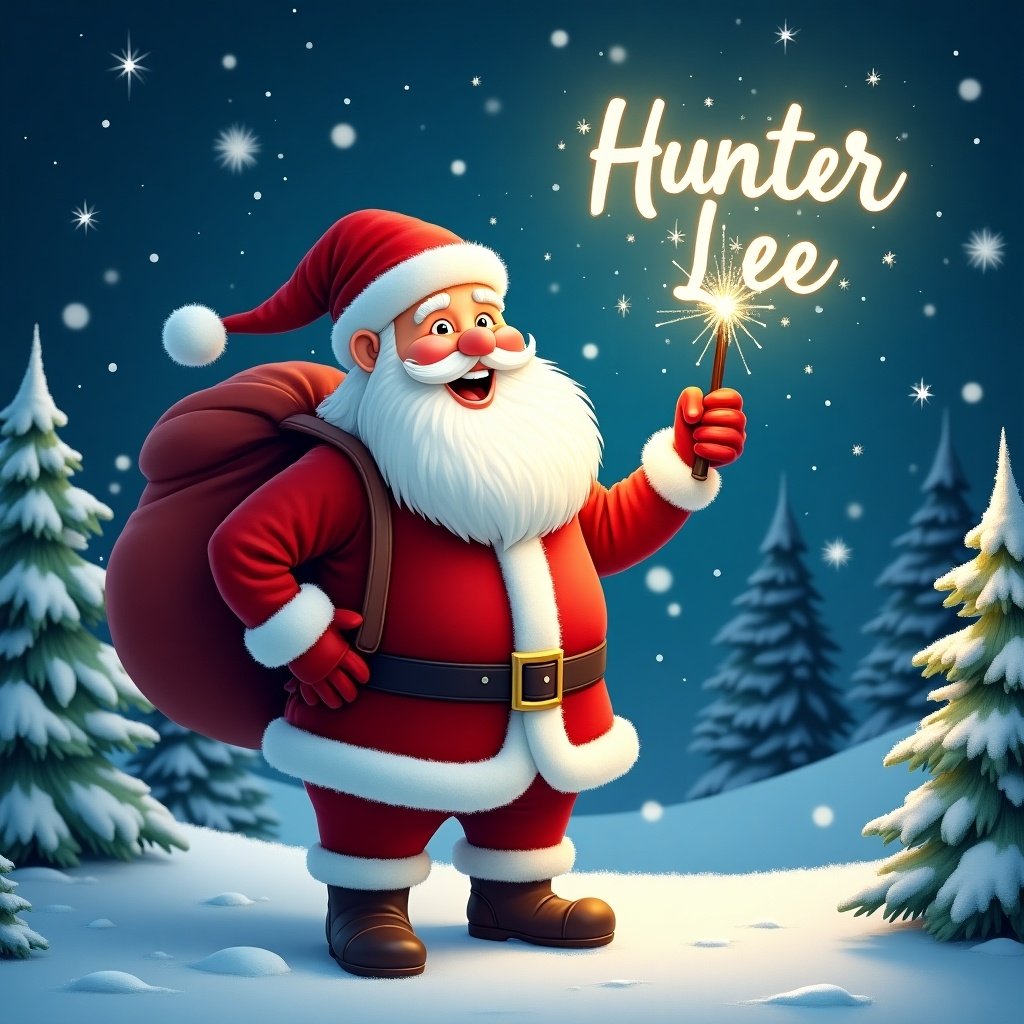 Cheerful Santa Claus stands in snowy landscape. Large red sack over shoulder. Holding sparkly wand. Dressed in traditional red and white outfit. Twinkling stars in night sky. Pine trees on snowy ground. Joyful expression. Writing name 'Hunter Lee' in the sky. Snowflakes falling around him.