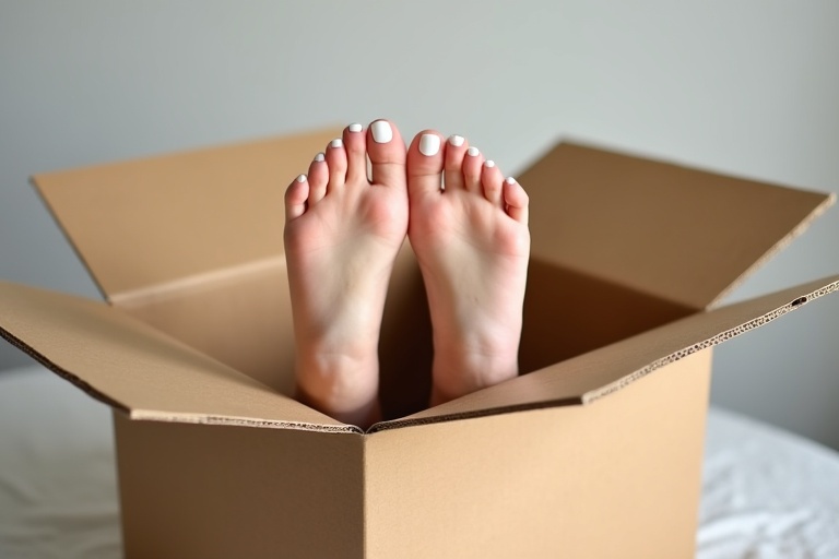 Female feet are sticking out of a large cardboard box. Box has open flaps. Background is simple and neutral. Feet have white nail polish.