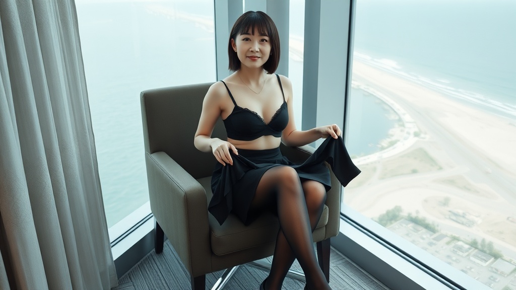 A woman in a black bra and skirt sitting on a chair by a window with an ocean view in the background.