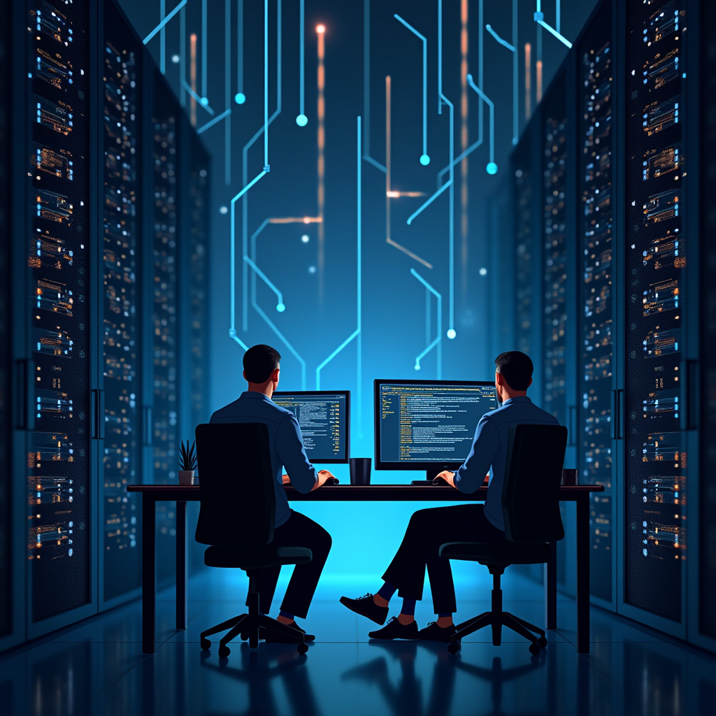 The image depicts a futuristic data center setting, featuring two individuals working at computer stations situated between towering server racks. The environment is bathed in a cool blue light, emanating from both the screens and the servers, creating a high-tech atmosphere. The screens display lines of code, suggesting a focus on programming or network management. The background is enhanced with digital circuit patterns, adding to the sense of a connected, technology-driven space. The floor is reflective, adding to the modern and sleek design of the environment.