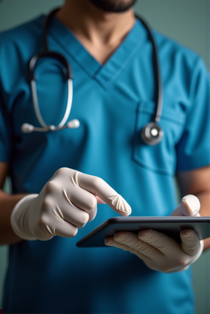 A medical professional in blue scrubs and gloves uses a digital tablet, with a stethoscope draped over the shoulders, focusing on the device.