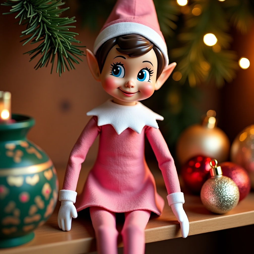 The image features a cheerful elf on the shelf named Ophelia, dressed in a pink outfit with a white collar and hat. Surrounding Ophelia are festive decorations, creating a warm holiday atmosphere. The elf’s sparkling eyes and friendly smile evoke feelings of joy and nostalgia. Soft lighting highlights the vibrant colors of the decorations, including shiny ornaments and greenery. This scene captures the essence of Christmas spirit and playful childhood memories.