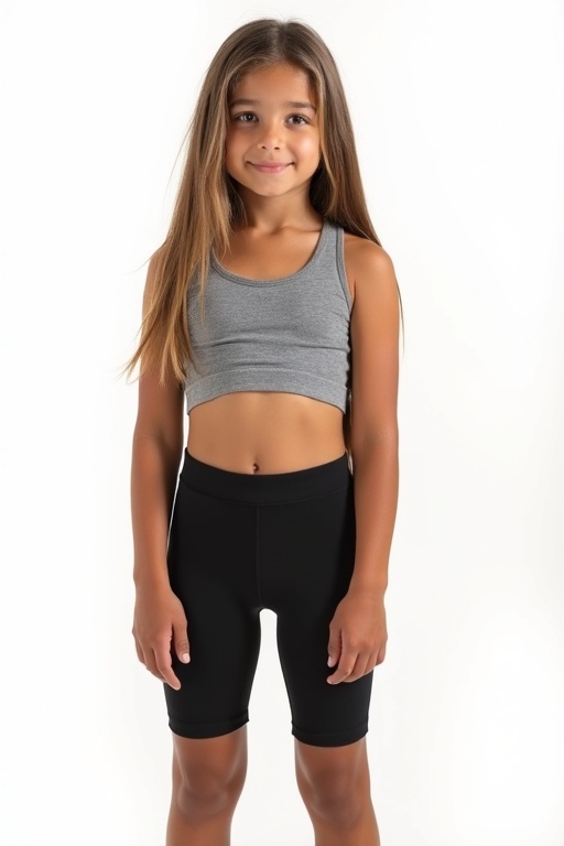 A caucasian girl age 10 stands confidently. She wears a gray crop top and black lycra cycling shorts. She has long straight hair. A beautiful backdrop is present.