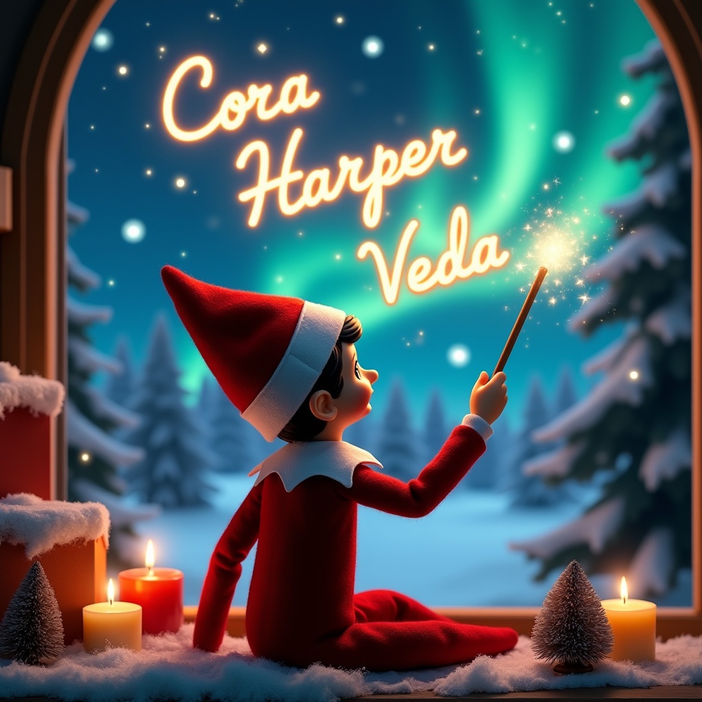 The image depicts an enchanting Christmas scene featuring an elf on the shelf. The elf is facing the sky, with their back turned to the viewer. Clad in the traditional red and white outfit, the elf wields a magic wand. Above the elf, the names 'Cora', 'Harper', and 'Veda' are written in a glowing script. In the background, vibrant northern lights illuminate the winter night, adding to the magical ambiance.