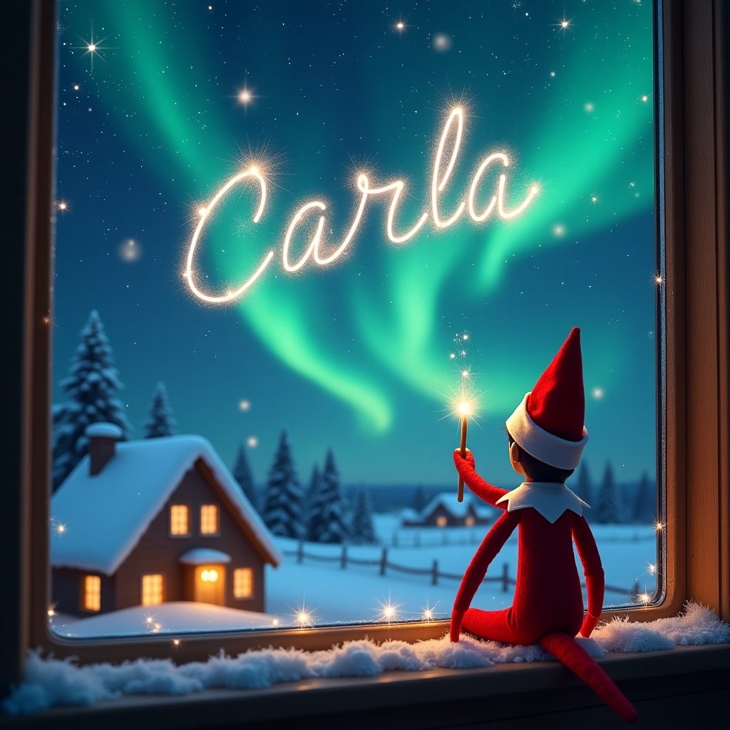 In this magical Christmas scene, an elf on the shelf is seen from behind, sitting on a window ledge and facing a breathtaking night sky. The elf is wearing a classic red outfit and a pointed hat. With a wand in hand, the elf is skillfully writing the name 'Carla' in the sparkling sky. The background is filled with beautiful northern lights and twinkling stars, creating a mesmerizing atmosphere. Below, quaint houses with warm lights dot the snowy landscape. This enchanting view captures the wonder and joy of the holiday season.