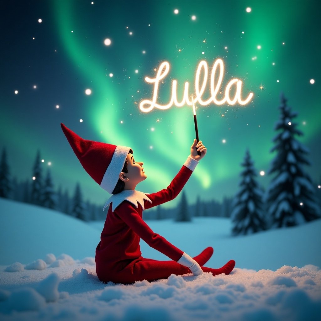 Scene with an elf on the shelf in a snowy landscape. Elf looks up at the sky, writing 'LuElla' with a magic wand. Background features northern lights creating a magical atmosphere. Elf wears a red outfit on snow, enhancing holiday spirit.