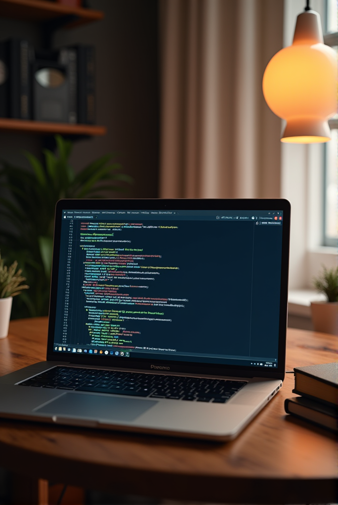 A laptop displaying colorful coding text sits on a wooden table, surrounded by a cozy room with plants and soft lighting from a spherical lamp.