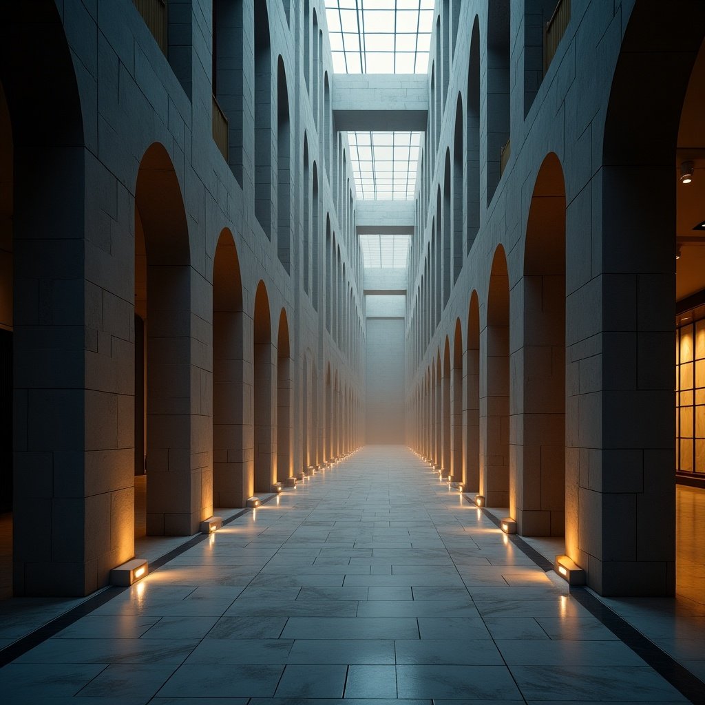 Architectural corridor with arches and dynamic lighting. Soft amber lights illuminate the path. A misty atmosphere creates depth and intrigue.