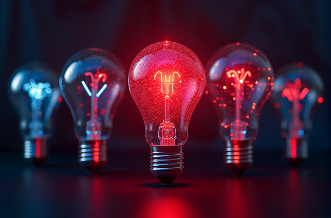 Four light bulbs with glowing red and blue filaments are arranged in a dimly lit setting.