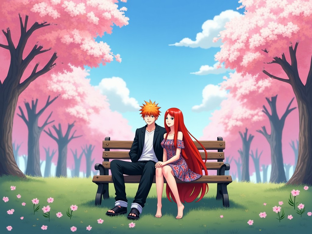 The image depicts an anime-inspired couple sitting on a park bench under blooming cherry blossom trees. The male character has spiky orange hair and wears casual black attire, while the female character has long red hair and is dressed in a colorful floral pattern. They share a calm and intimate moment amidst a vibrant spring setting. The background features pink trees and a bright blue sky, enhancing the romantic atmosphere of the scene. This artwork encapsulates themes of love and friendship in an idyllic outdoor setting.